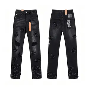 Men's High Cotton Vintage Black Washed Straight Leg Jeans, All Over Cross Patchwork Ripped Distressed Denim Pants, Punk Hip Hop Streetwear Mid Rise Slim Fit Destroyed Jean Trousers with Back Graphic Patch Label for Men Daily Fashion Outfits