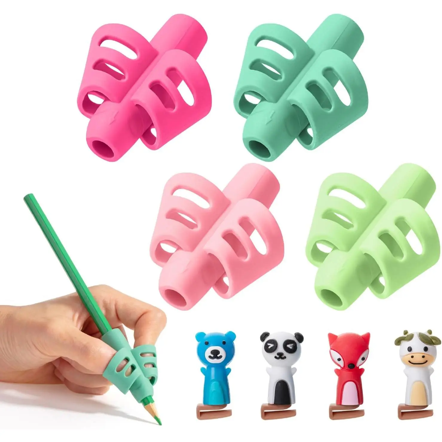 Silicon Pencil Grips for Handwriting, 4-Pack with 4 Clips, Spring Colors, Flexible Holder for Right & Left-Handed Users, Promotes Proper Finger Placement, Encourages Relaxed Grip, Forms Handwriting Habits, Improves Writing Skills, Develops Control, Promot