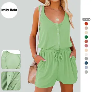 Imily Bela Women's Summer Scoop Neck Sleeveless Button Down Tank Top Rompers Elastic Waist Shorts Outfits with Pockets SpringStatements