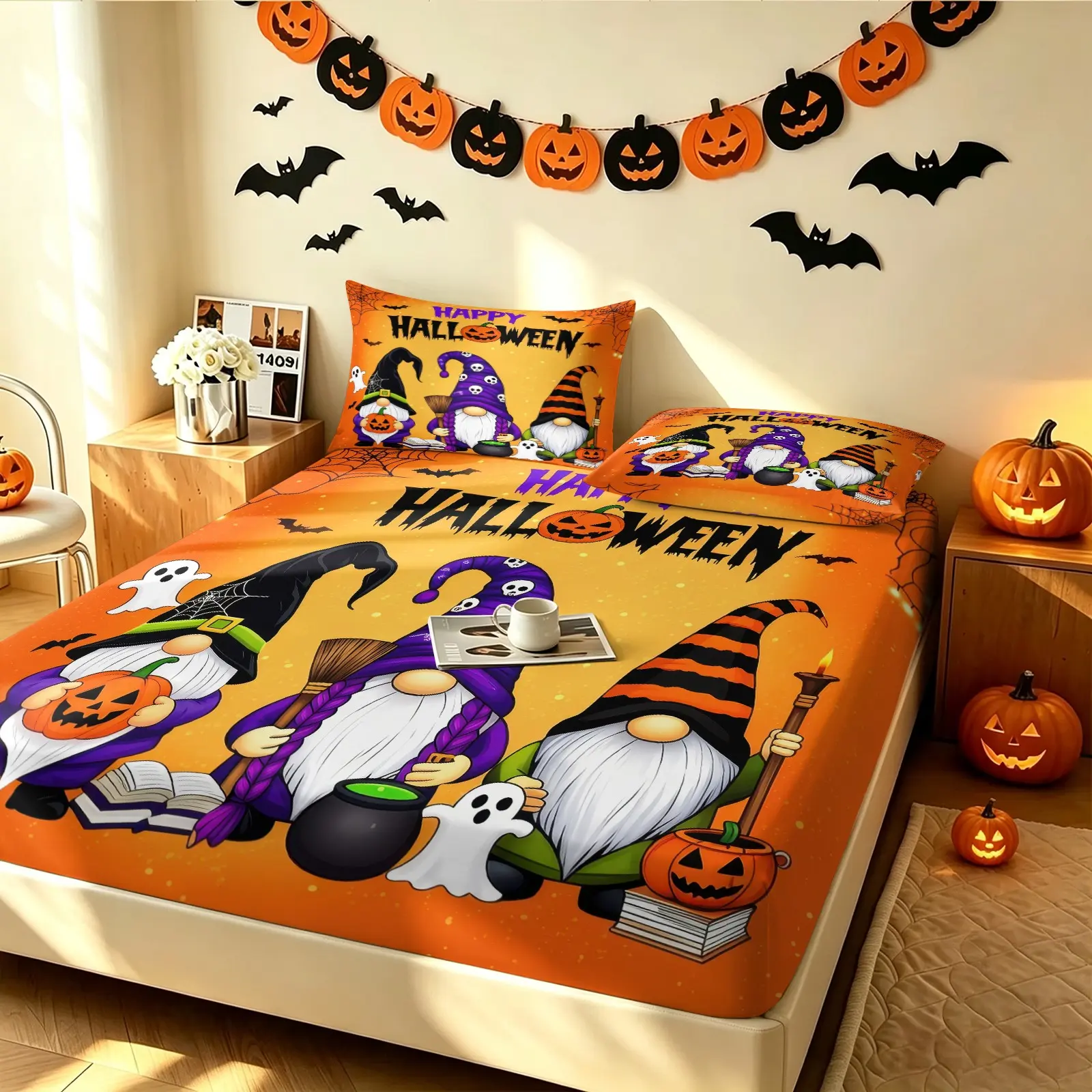 Halloween Cartoon Elf Pumpkin Ghost Full Wrap Fitted Sheet 3pcs Set Include 1 Fitted Sheet and 2 Pillowcases (No Inner Fillings), Festive Halloween Vibe Print, Full Wrap Anti-slip & Machine Washable, Skin-friendly Soft Moderate Thickness All Season Beddin