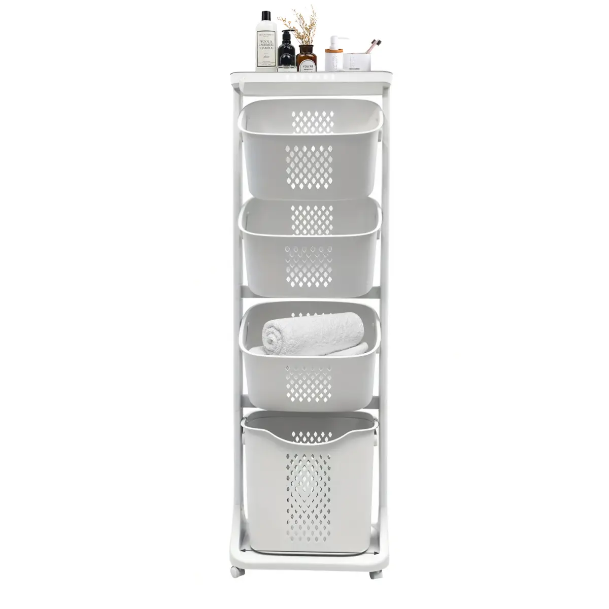 Aobtkel4-Tier Laundry Hamper Sorter, Laundry Storage Organizer with Wheels Removable Rolling Laundry Baskets, Bathroom Cart for Dirty Clothes, White