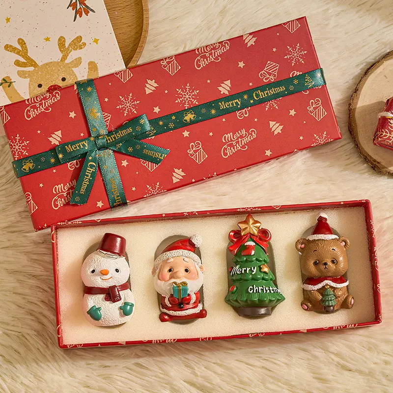 4 PCS Christmas Resin Figurine Gift Set, Santa Snowman Christmas Tree Bear Desktop Mini Ornaments, X‑mas Tabletop Decor, Holiday Party Favors & Secret Santa Gift Box