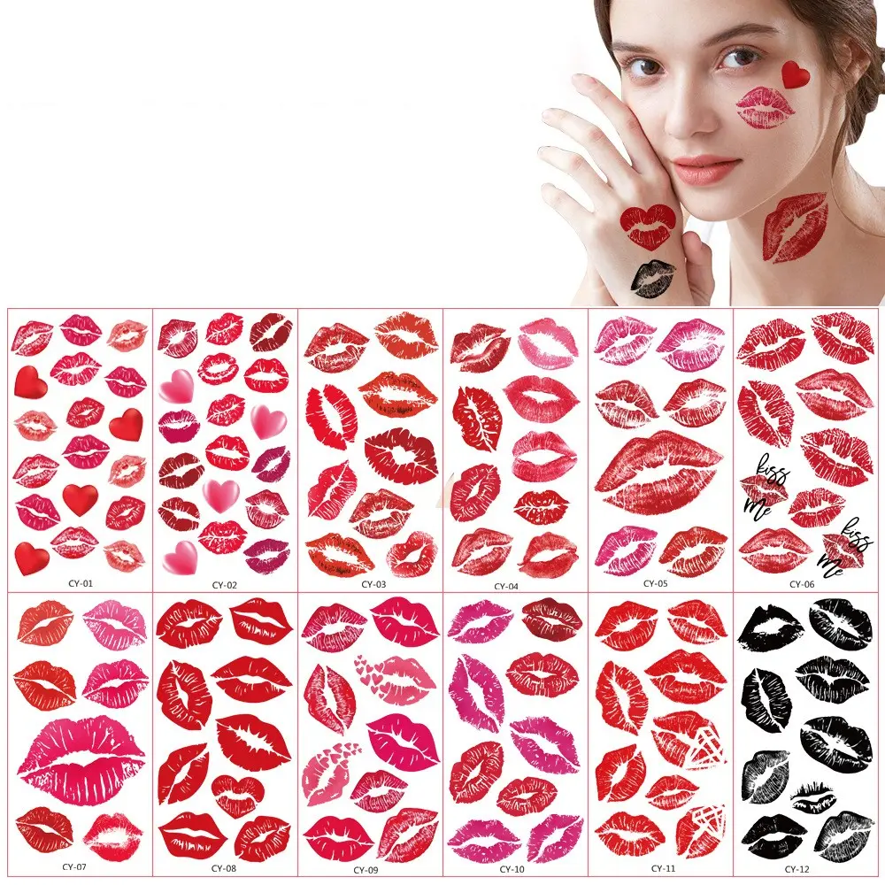 Lip Print Tattoo Stickers, Valentine's Day Music Festival Concert Makeup Props, Couple Style, Lip Print Sticker for Events