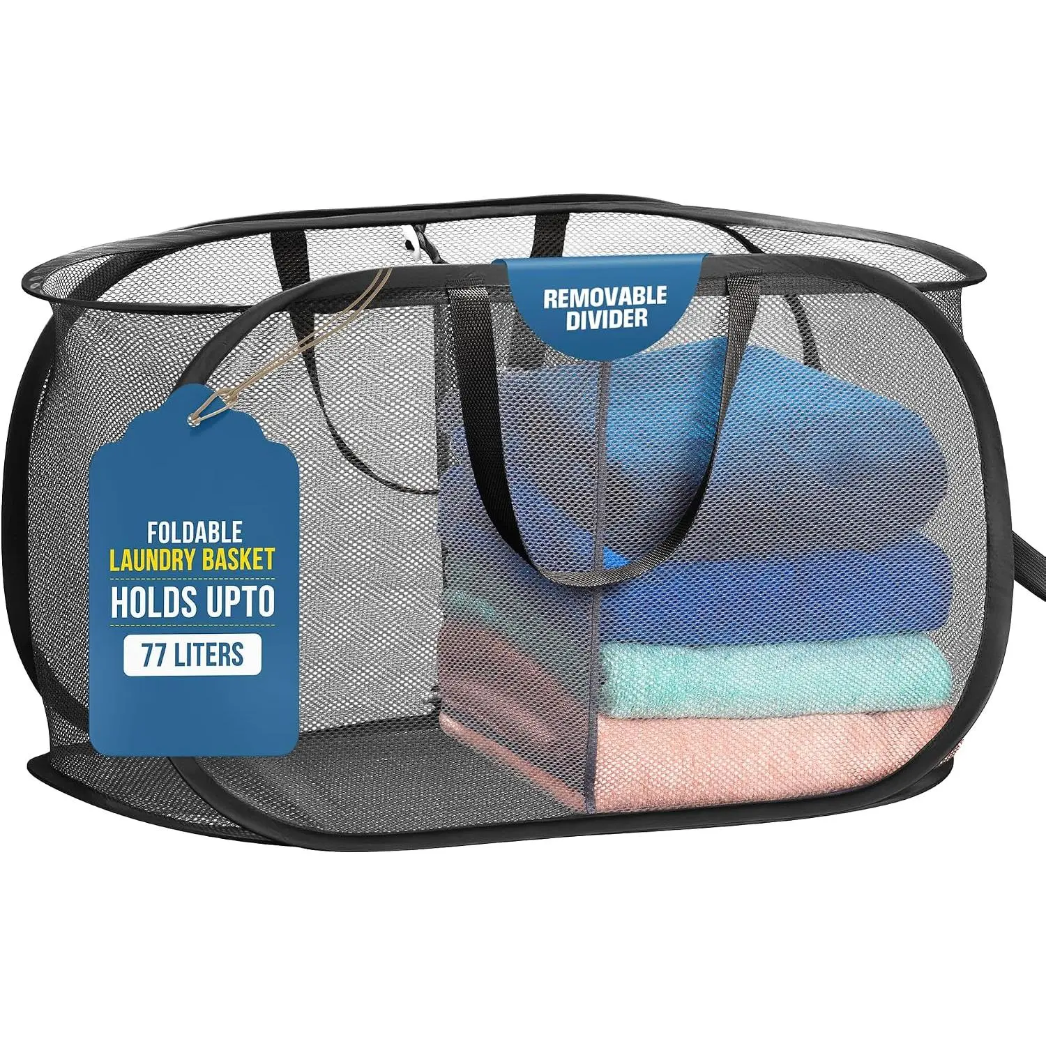 Pop Up  Hamper 2-Compartment, Divided 77L Mesh | Divided Basket with Handles, Collapsible Foldable Flat, Breathable Ventilated, Sorting Bin for Dorm, Travel, , Black
