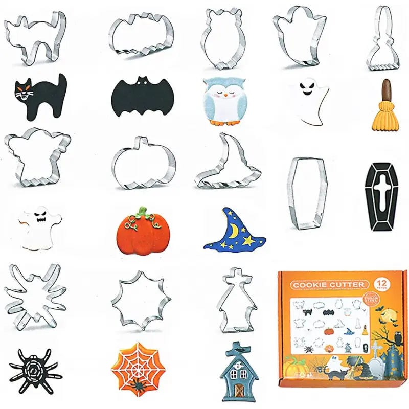 3D Halloween Cookie Cutters Set, FantasyDay 12 Pcs 430 Stainless Steel Holiday Biscuit Cutters Pastry Stamp Mold for Winter Birthday Cake Dough Donut Fondant Fruit Vegetable - Pro Baking Dough Tools
