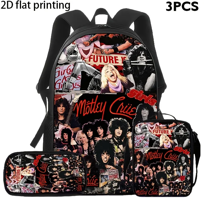 Motley Crue Rock Band Retro Chic 3-in-1 Multi-Function Athletic Backpack Set Pack - Vintage Print Luggage, Large Backpack, Small Shoulder Bag, Pencil Case with Built-in Organizer, School Supplies for 10-11 Year-Olds' First Day