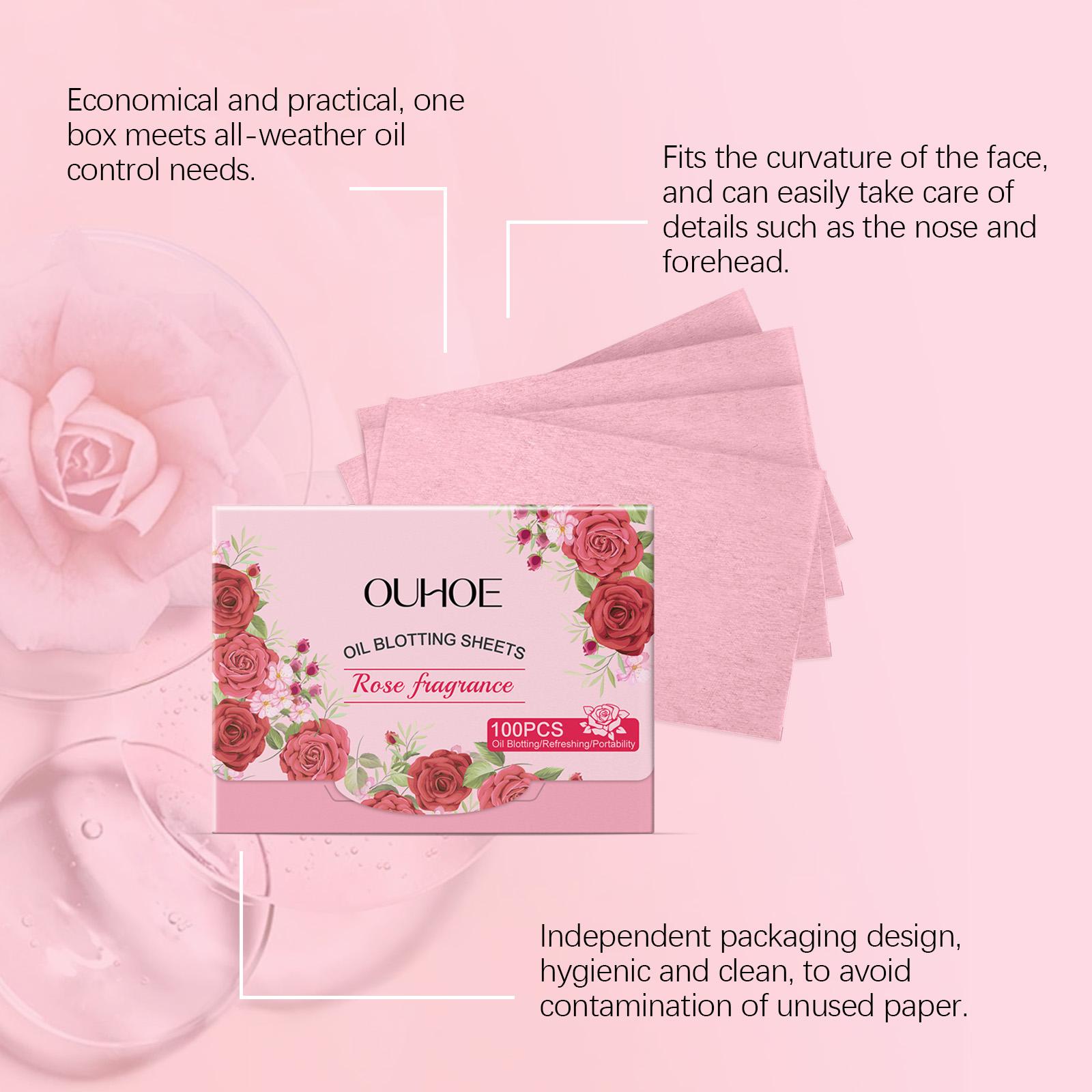 OUHOE Oil Blotting Sheets (Rose), Cellulose & Kaolin Dual Oil Control, Rose Flower Extract Beauty Care + Vitamin E Antioxidant, Brightens Skin, Makeup-Friendly No Powder Removal, Soft for Oily Skin
