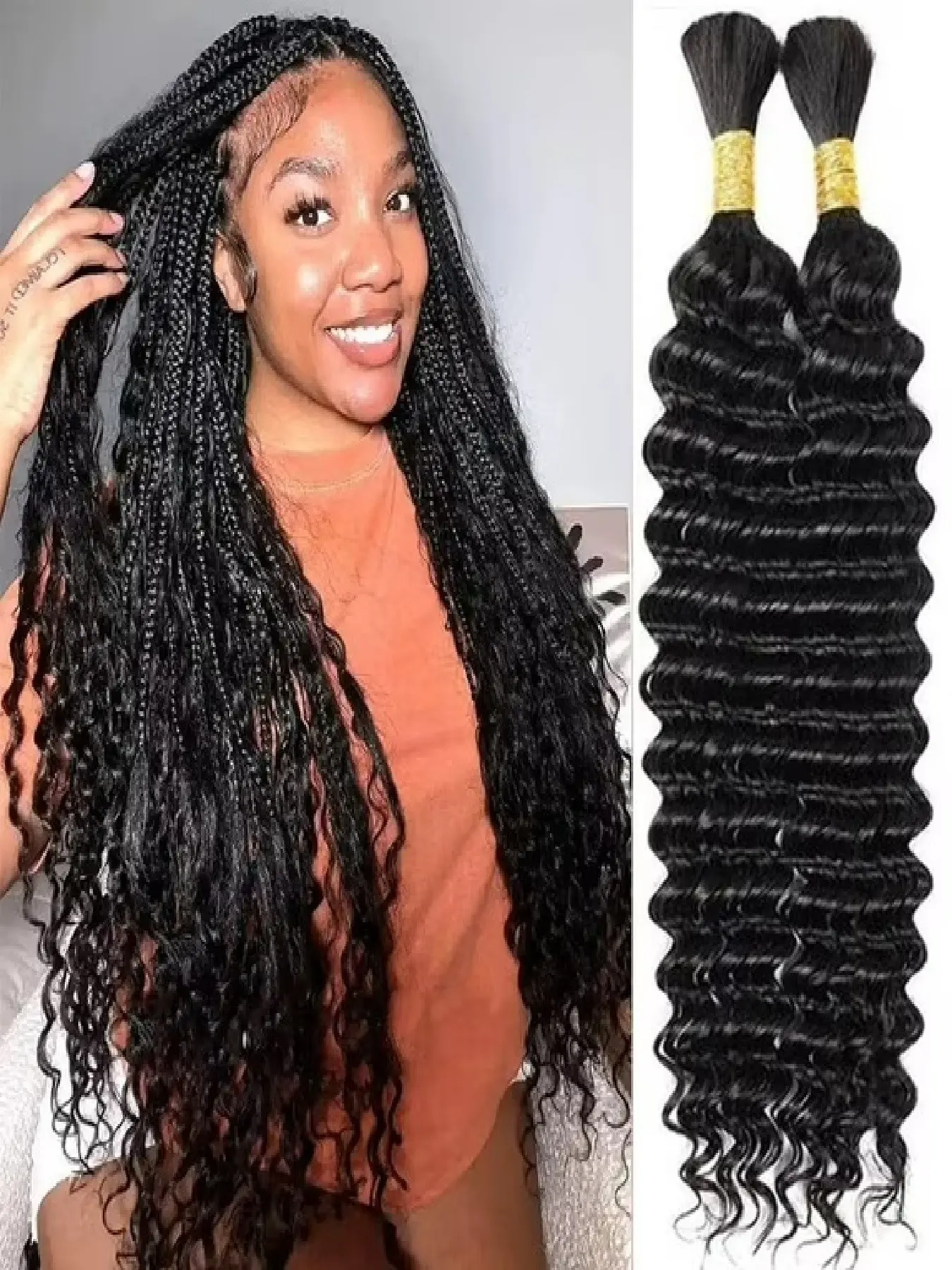 Human Braiding Hair for Boho Knotless Braids Bulk  Bundles Human Hair for Micro Braiding Wet and Wavy Water Wave Curly Wavy Hairpiece No Weft Human Hair Extension for Box Boho Braids  with 2 Bundles Natural Color