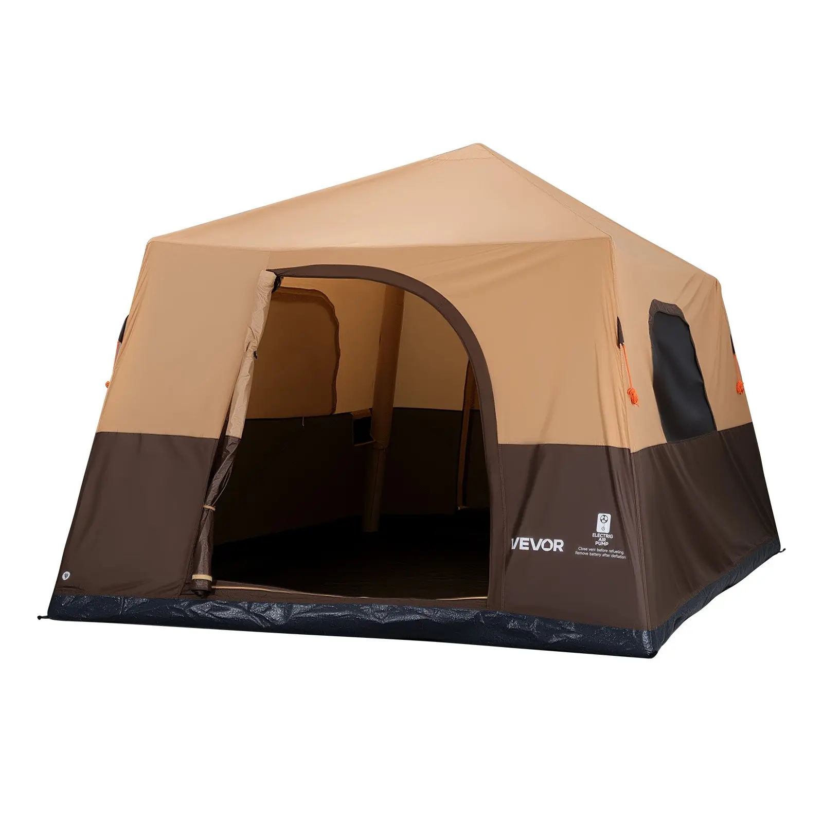VEVOR 5-8 Person Inflatable Cabin Tent, 11.5 kg/25.35 lbs, with Rechargeable Pump, TPU Air Tube, Automatic Inflation Valve, 4 Large Mesh Windows, Glow-in-the-Dark Stakes, Waterproof Portable Easy-Setup with Carry Bag for Family Outdoor Camping, Beige, Oxf