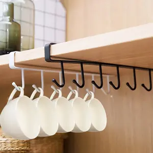 2 Pcs Under Shelf Mug Hanger Rack, No Drilling Cup Hanging Holder, Multifunctional Metal Under Cabinet Storage Hooks, Space Saving Kitchen Organizer for Mugs, Cups, Utensils, Pantry Desk Bookshelf Organization, Black & White