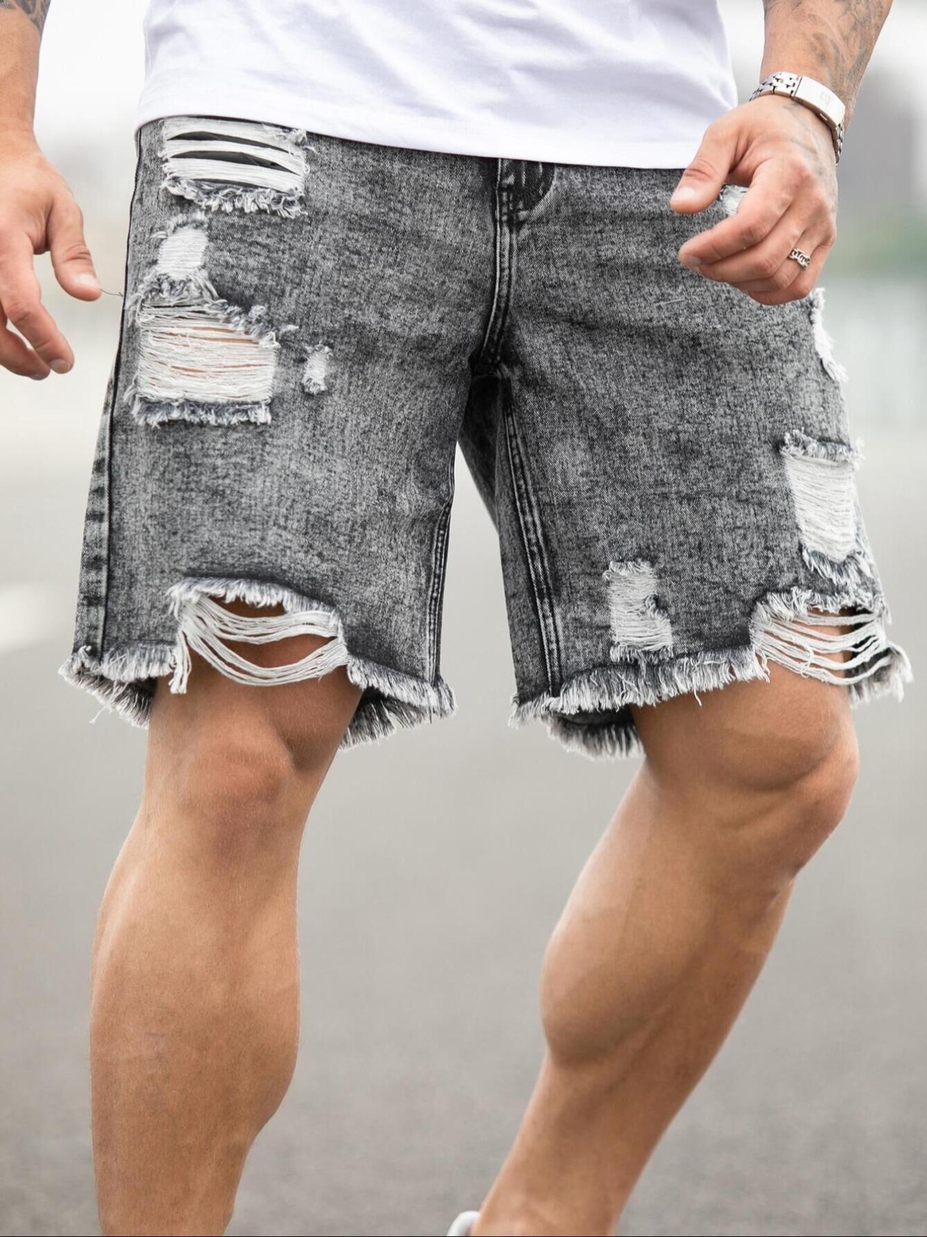 Men's Solid Color Ripped Denim Cut Off Shorts, Loose Casual Fashion Comfy Jeans Shorts for Daily Outdoor Wear, Mens Bottoms for Summer