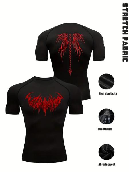 Gothic Men's Black Fitness T-Shirt, Bodybuilding Fitness Tee - Spine Wing Design, High-Elastic Slim Fit Sports Top, Durable Shaping Gym Wear for Training, Workout & Casual Style, Breathable Stretch Fabric, Gothic Gym Shirt for All Sport Scenes Gothic Men's Black Fitness T-Shirt, Bodybuilding Fitness Tee - Spine Wing Design, High-Elastic Slim Fit Sports Top, Durable Shaping Gym Wear for Training, Workout & Casual Style, Breathable Stretch Fabric, Gothic Gym Shirt for All Sport Scenes