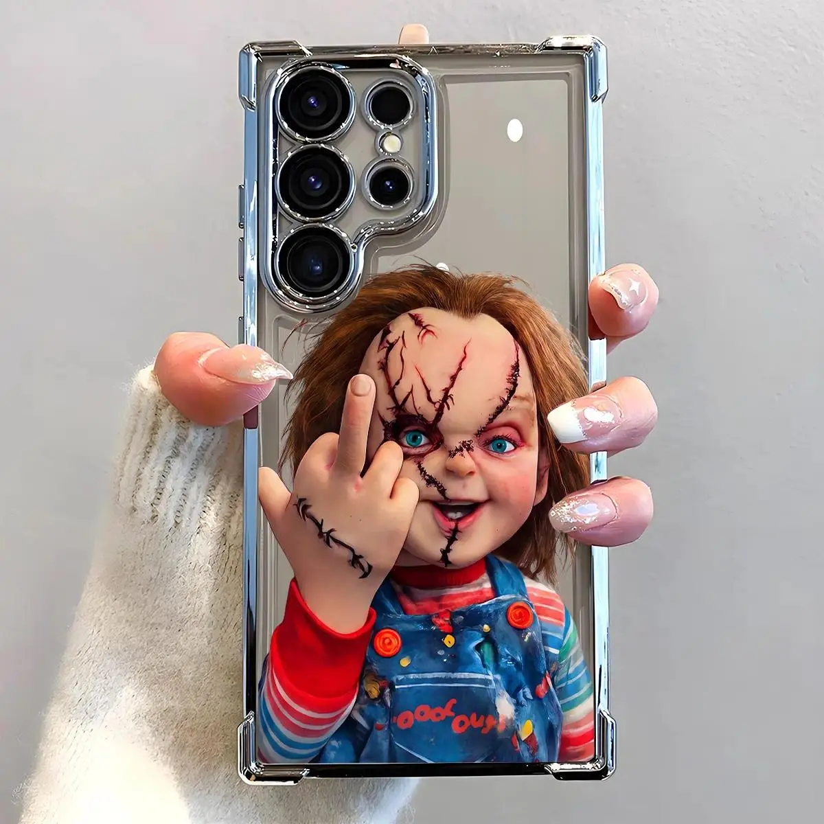 Chucky Creepy Gesture Pattern Smartphone Case - Electroplated, Airbag Shockproof, Slim Soft TPU Cover for Samsung S26 S25 S24 S23 S22 Plus Ultra and iPhone 17 Air 16 15 14 , Halloween Horror Movie Cellphone Handheld Device Protection, Accessories, Durable