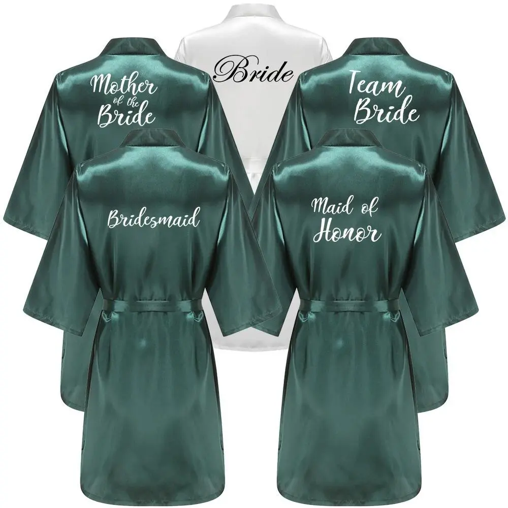 Women's Bridal Satin Kimono Robe - Long Sleeves, Round Neck, Polyester Text Pattern Loungewear Nightwear for Bridesmaids Wedding Party