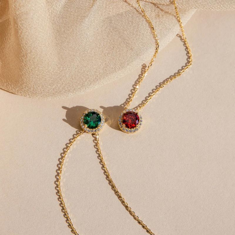 Halo Birthstone Necklace by Caitlyn Minimalist - Vintage Style Gemstone & Diamond Charm Necklace in 18K Gold Finish - Custom Birthstone Jewelry - Personalized Gifts for Her.