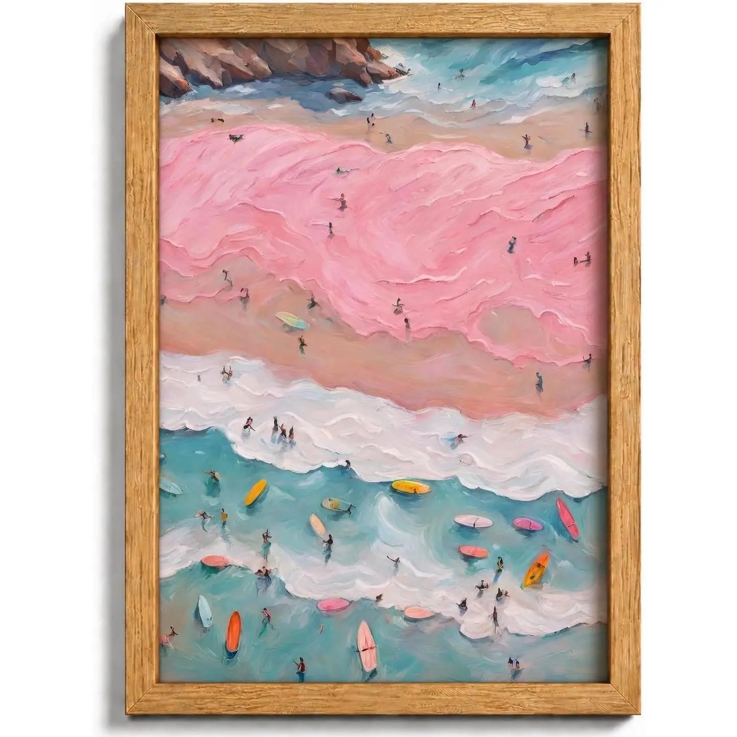 8x10in Wood-Framed Colorful Tropical Pink Coastal Canvas Wall Art - Beach Surfers on Pastel Sand Hanging Decor, Gift for Girls’ Bedroom Interior