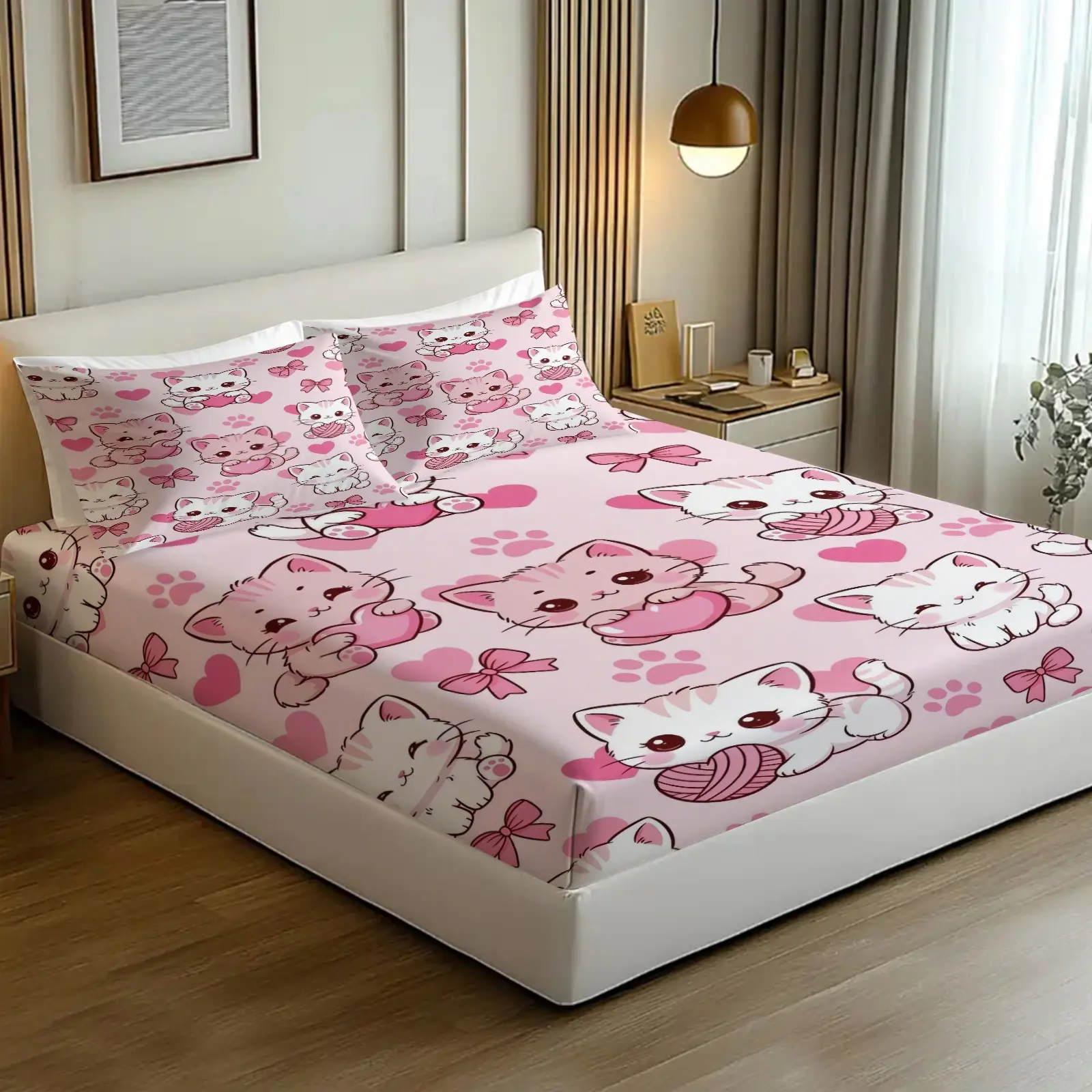3Pcs Pink Kitty Pattern Fitted Sheet Set, 1 Fitted Sheet & 2 Pillowcases No Filling, Deep Pocket Bed Sheets, Pink Heart Paw Animal Print Bedding for Girls Bedroom Dorm