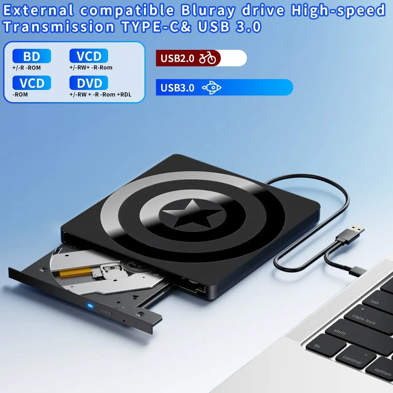 External Blueray/DVD Drive for PC, Portable External Blu Ray Drive, USB 3.0 Type-C USB Blu Ray Drive External, Bluray Burner External and Blu Ray Player for PC Compatible with Mac OS Windows Linux