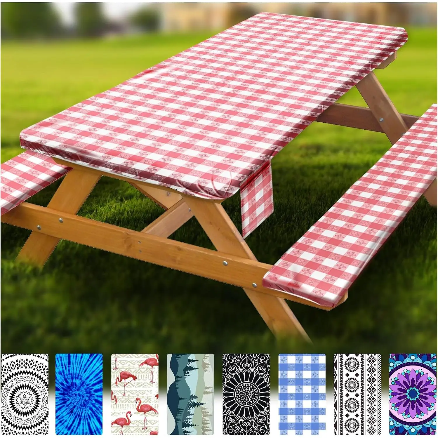 Fitted Vinyl Waterproof Picnic Tablecloth with Bench Covers, Elastic Edges for Rectangular Tables, Outdoor Furniture Accessory for Patio, Camping, RV Use, Tablecloth Rectangular