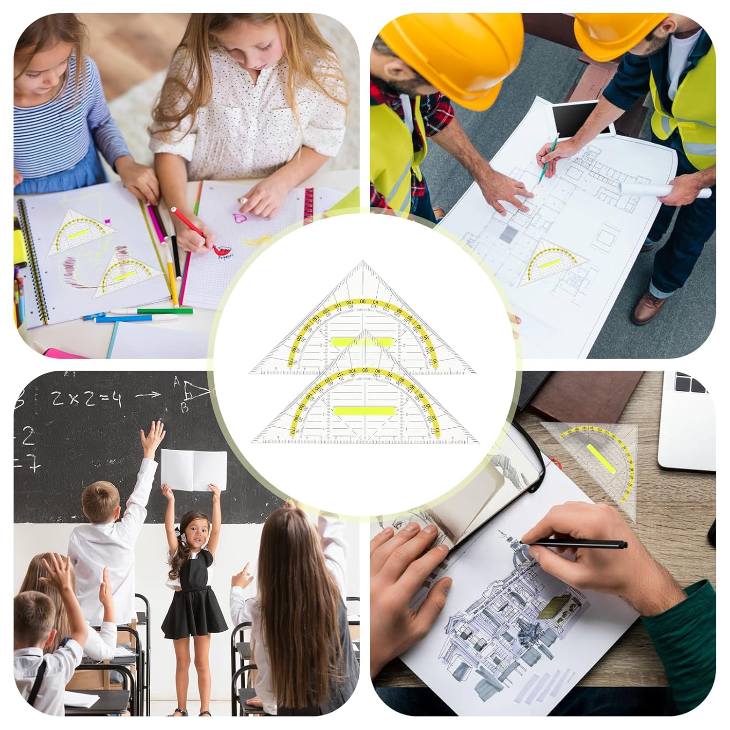 4 count Multifunctional Triangle Ruler with Handle, Plastic Triangle Ruler Protractor Geometry Set Transparent Set Square Drafting Ruler for Architectors Designers Engineers Drawing Tools