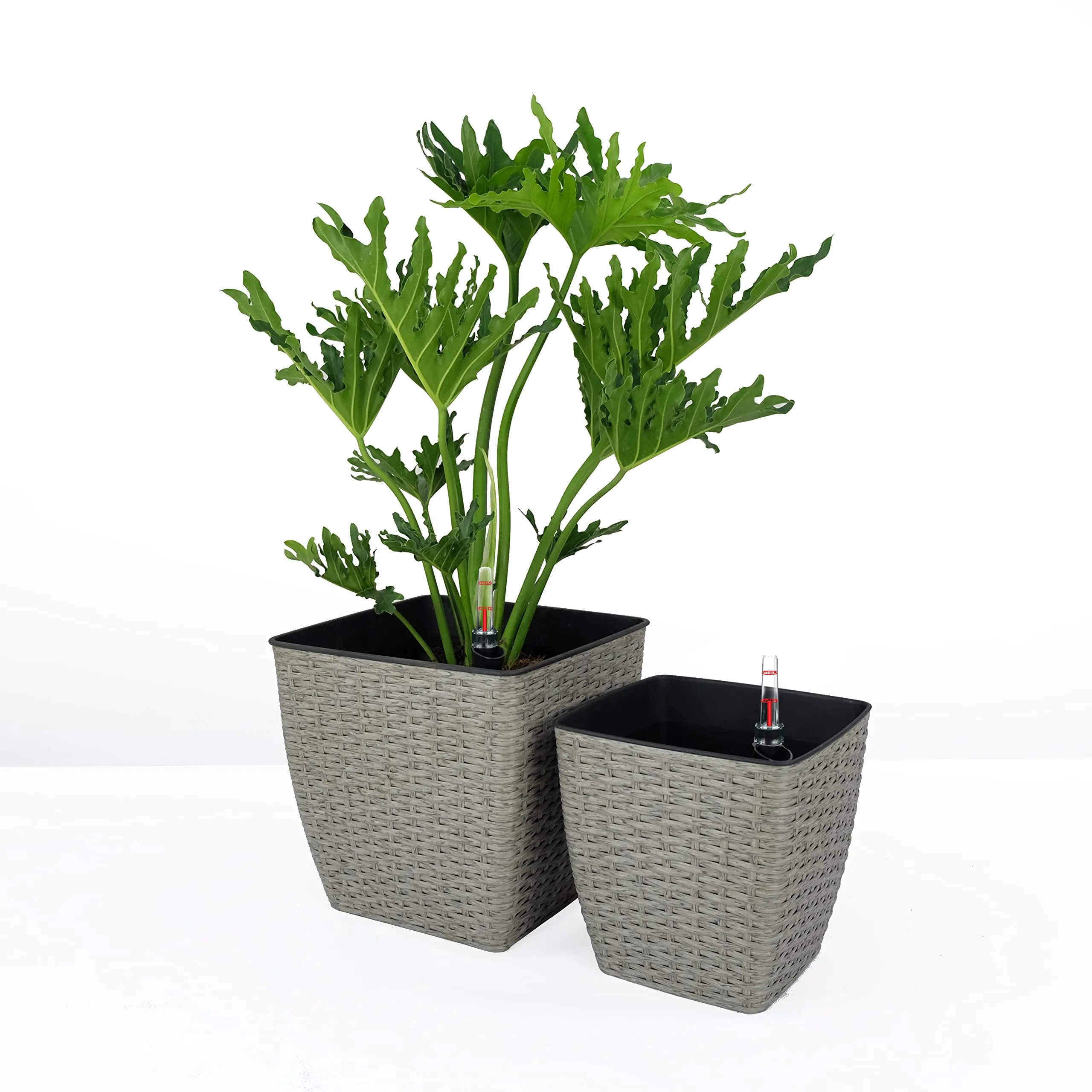 ARCH 2-Pack Self-Watering Planter Hand Woven Wicker Thin Square Flower Pot for Indoor Outdoor Plants, Modern Boho Decor, Garden Patio Balcony Display, with Water Reservoir, Set of 2, Garden Planter for Patio, Porch, Balcony, Entryway