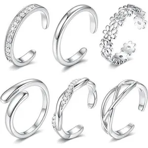 Toe Rings for Women - 14K Gold Filled Toe Rings Non Tarnish Dainty Adjustable Open CZ Toe Ring Set Silver Plated Summer Beach Foot Jewelry