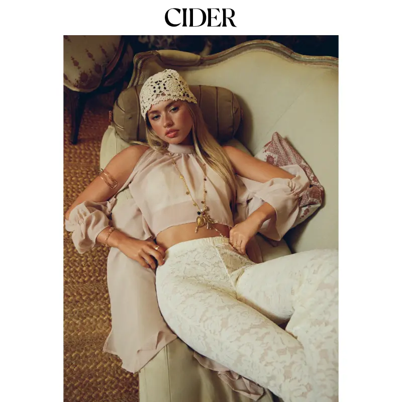 Cider Chiffon High Neck Puff Sleeve Cut Out Blouse