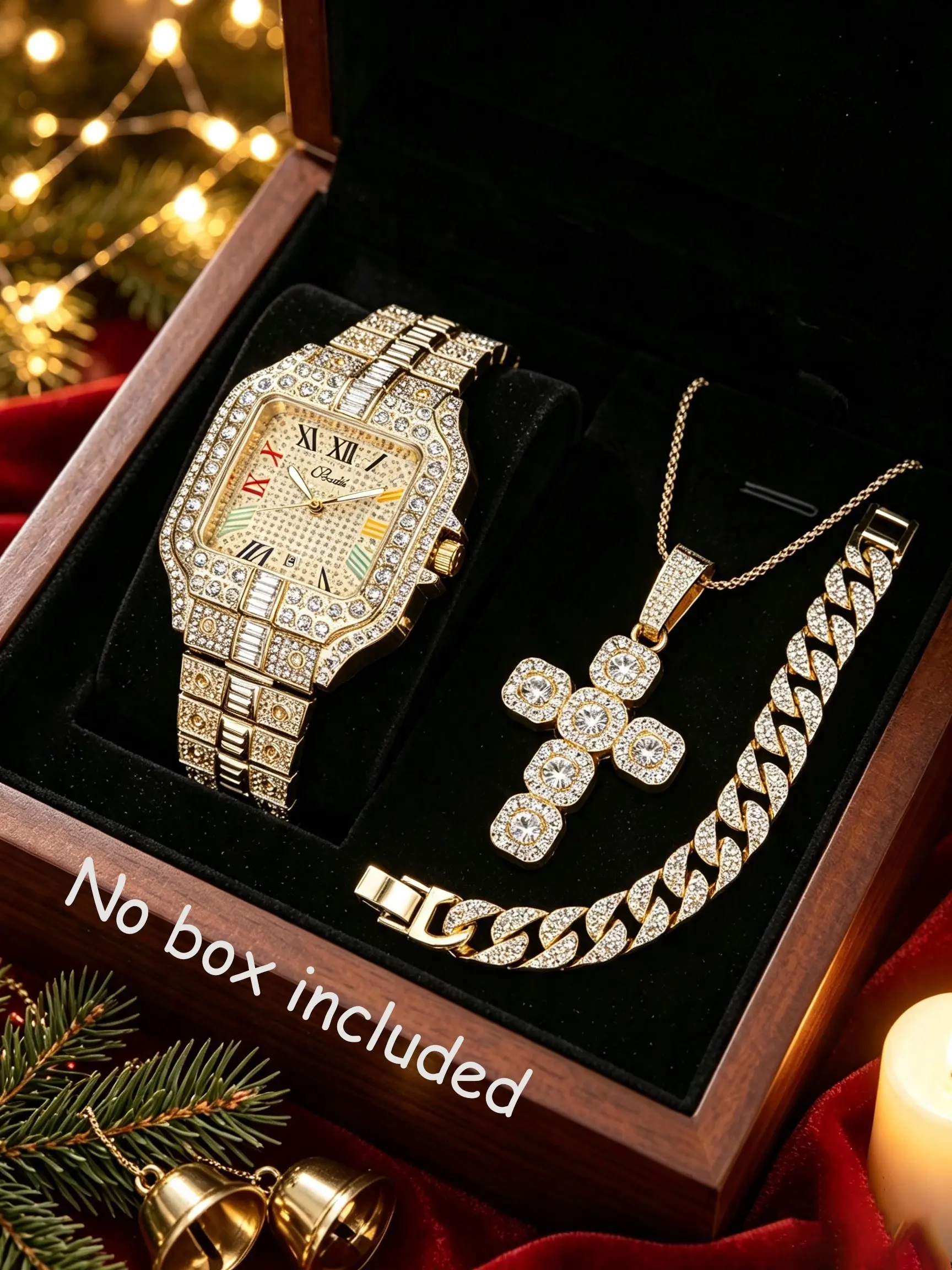 Men's Quartz Watch Set with Cross Pendant Necklace and Rhinestone Bracelet, Roman Numerals, Boho Style, All Seasons