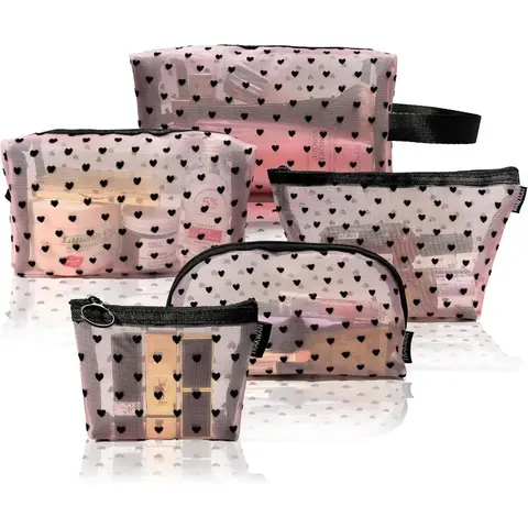 Women's 5-Piece Black Nylon Makeup Bags Set - Elegant Foldable Transparent Mesh Black Heart Graphic Pouches, Zippered Lightweight Mini Organizers for Family Travel/Bathroom Storage (Different Sizes)