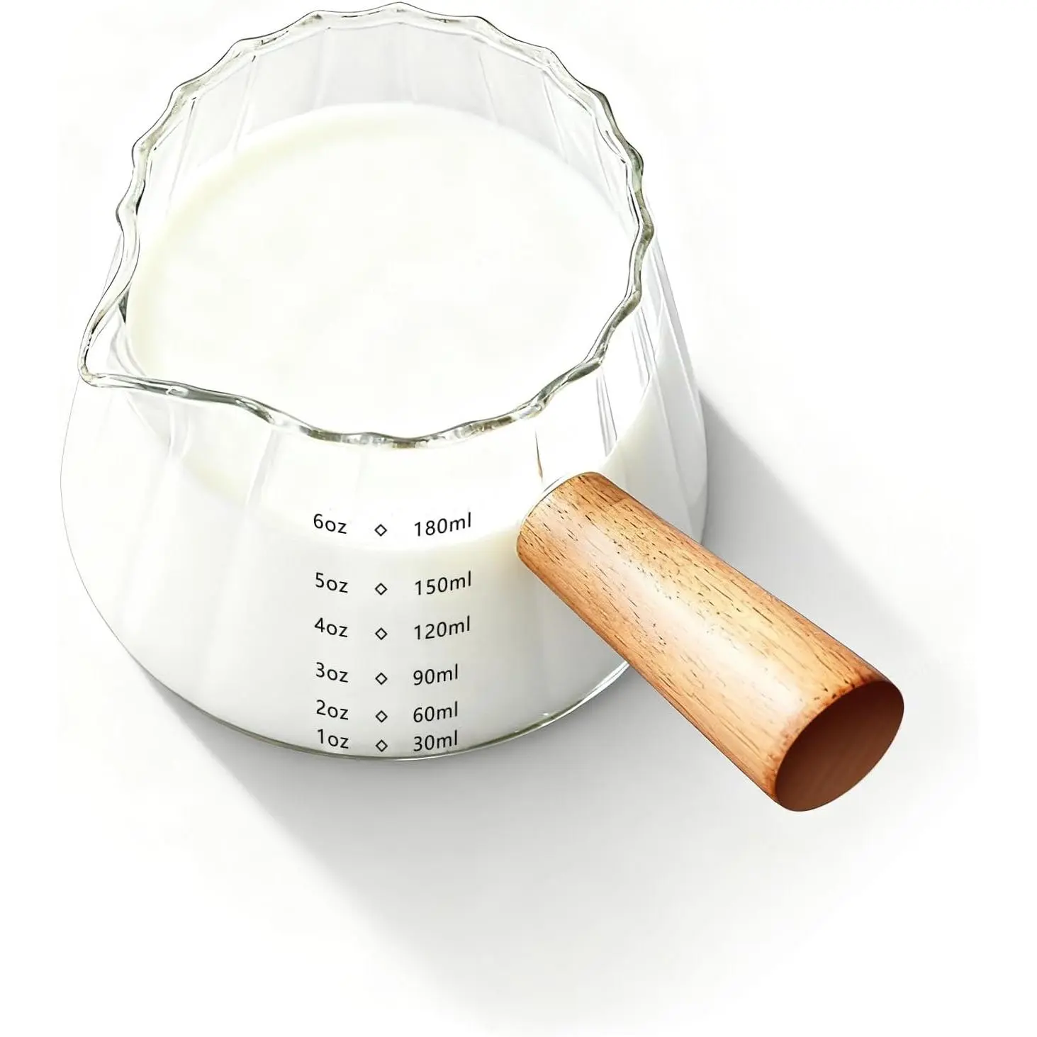 6oz Glass Espresso Measuring Cup with Wooden Handle | Borosilicate Glass, Precision Pouring, Heat Insulated Grip, -Scale Accuracy, Easy to Rinse Clean
