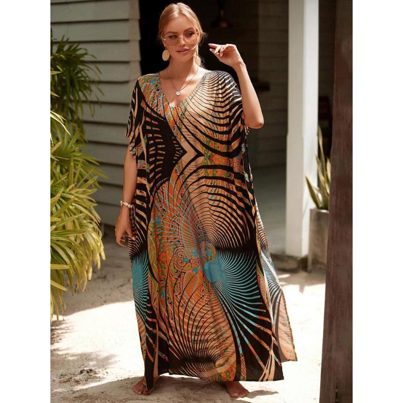 All Over Batwing Sleeve V Neck Maxi Dress,  Moo Moo Dress Summer Designer Clothes, Womenswear Boho Comfort Womenswear Half Sleeve Kaftan for Lady, Holiday Dresses, Clothing for Casual Wear Back To School Moo Moo Dresses