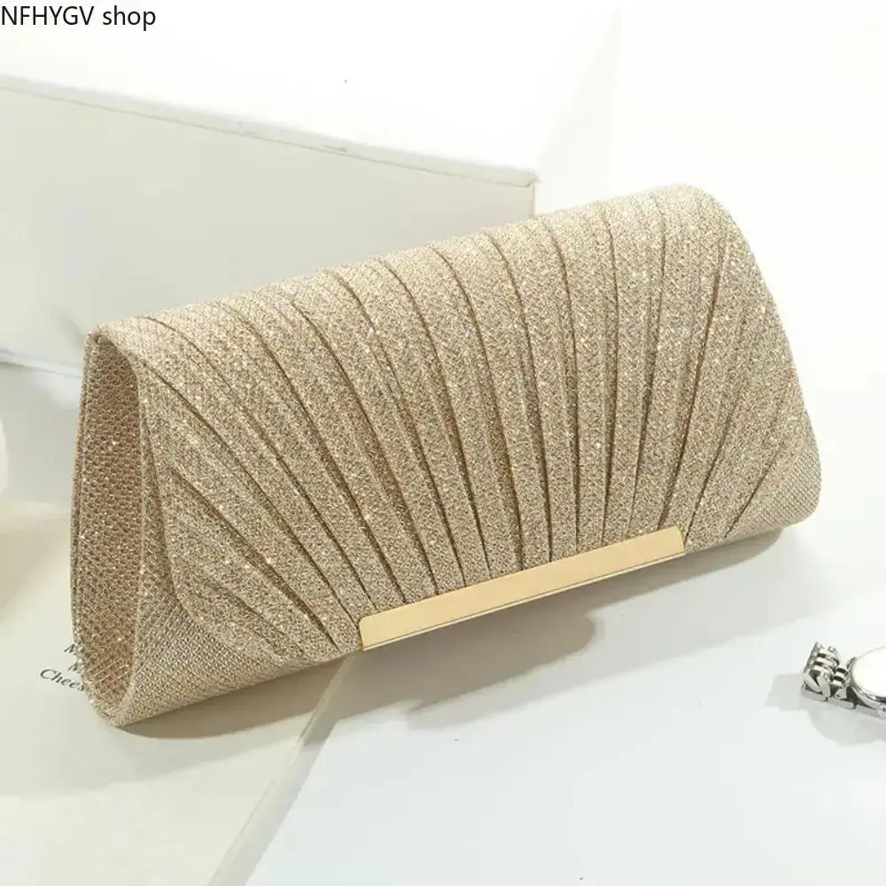 Elegant Pleated Sequin Evening Clutch Bag For Ladies Covered With Shimmer Sequins, Equipped With Portable Chain Shoulder Strap For Dual Carry Ways, Eye-Catching Formal Purse For All Kinds Of Evening Occasions