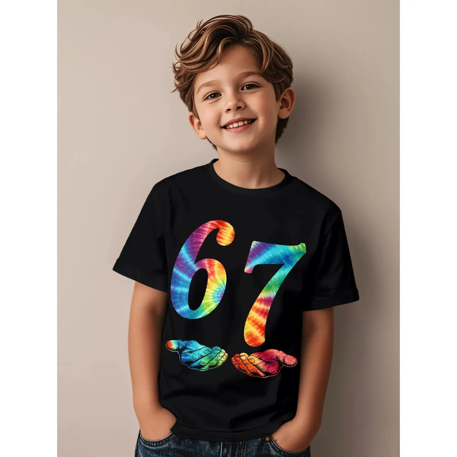 Kids' Crew Neck Short-Sleeve Regular-Fit Tie-Dye Novelty Aesthetic Graphic T-Shirt - 6-7 Years, All-Season Athletic Street Trending Fashion Tops for Boys and Girls