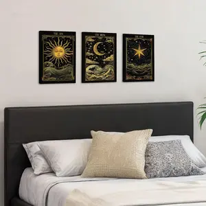 3Pcs/Set Framed Ancient style The Sun The Moon The Star Golden Tarot Card Print Wall Art, Western Wall Art, Witchy Canvas Posters, Ready To Hang, for Home Decor, Wall Art Decoration