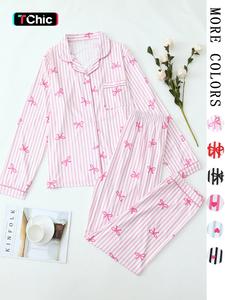 women's all over bow print button front longsleeves shirt & pants, lady casual long sleeve lapel neck top & trousers, women's sleepwear for spring & fall, women's pajamas set, loungewear, womenswear, pyjamas, matching pj set, summer pajamas set