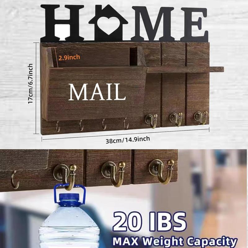 Key and Mail Holder for Wall, Rustic Wooden Mail Organizer with Shelf and 7 Hooks, Space Saving Farmhouse Entry Way Key Rack for Coat,  Leash, Home Accessories (Brown)