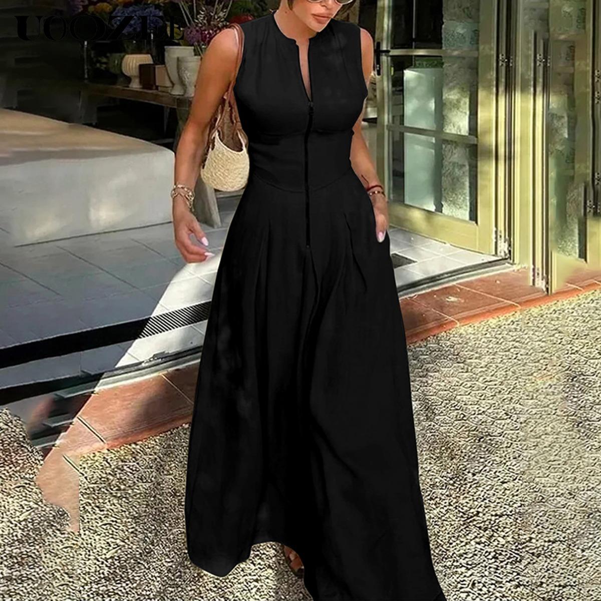 UOOZEE Women's Summer Casual Elegant A-line Loose Pleated Pockets Zipper Round Neck Long Minimalist Dress. Smaller Bust Fit One Size Up Recommended for C - Cup Above & smaller bust can order a normal size. Multiple colors, Sleeveless Womenswear Check