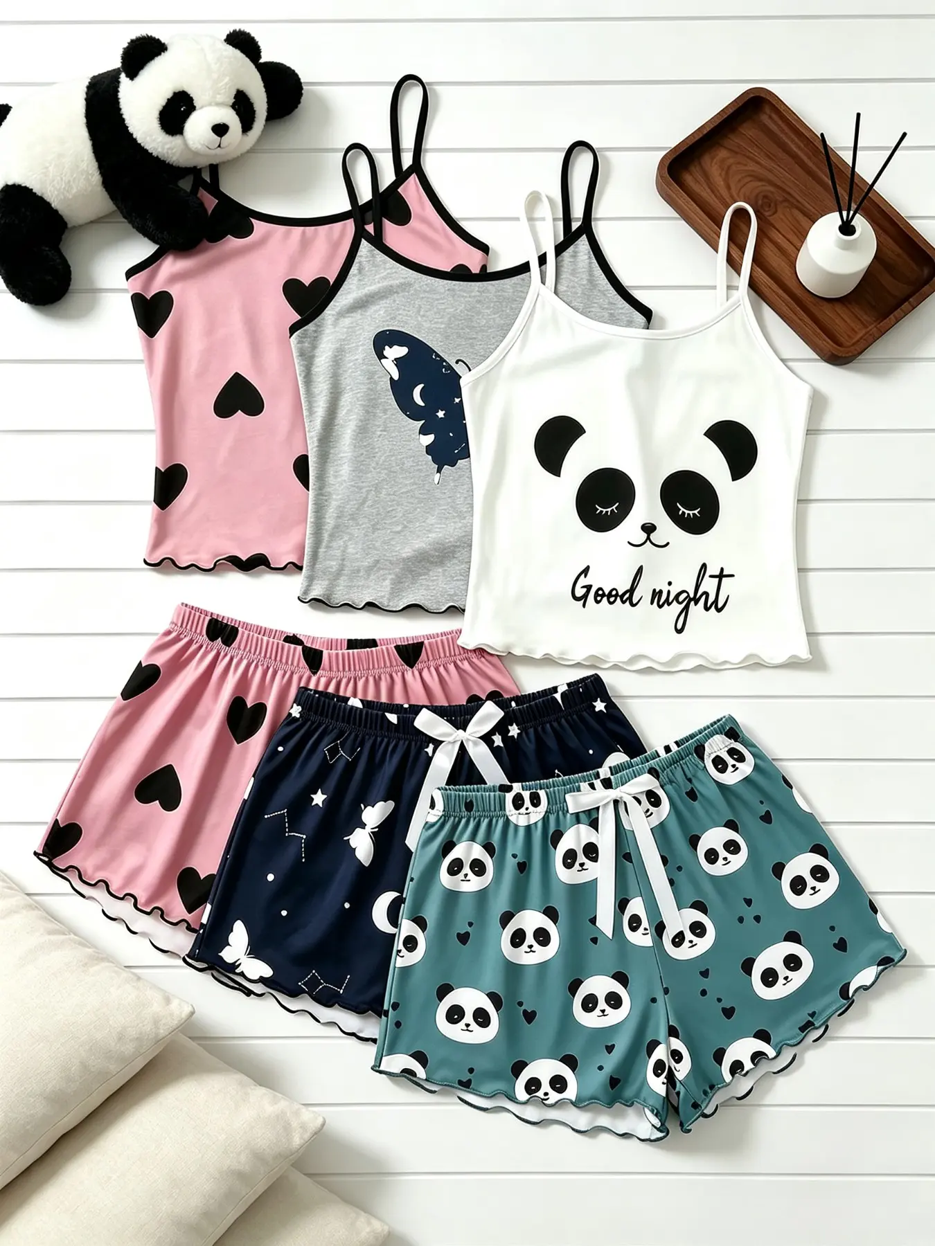Women's Sleepwear 6 Pack Set Cartoon Panda Heart Print Summer Spaghetti Strap Lettuce Ruffle Hem Contrast Trim Soft Breathable Lightweight Stretchy Cami Top Shorts Home Lounge Casual Daily Wear Sleep Set, Camisole Sets