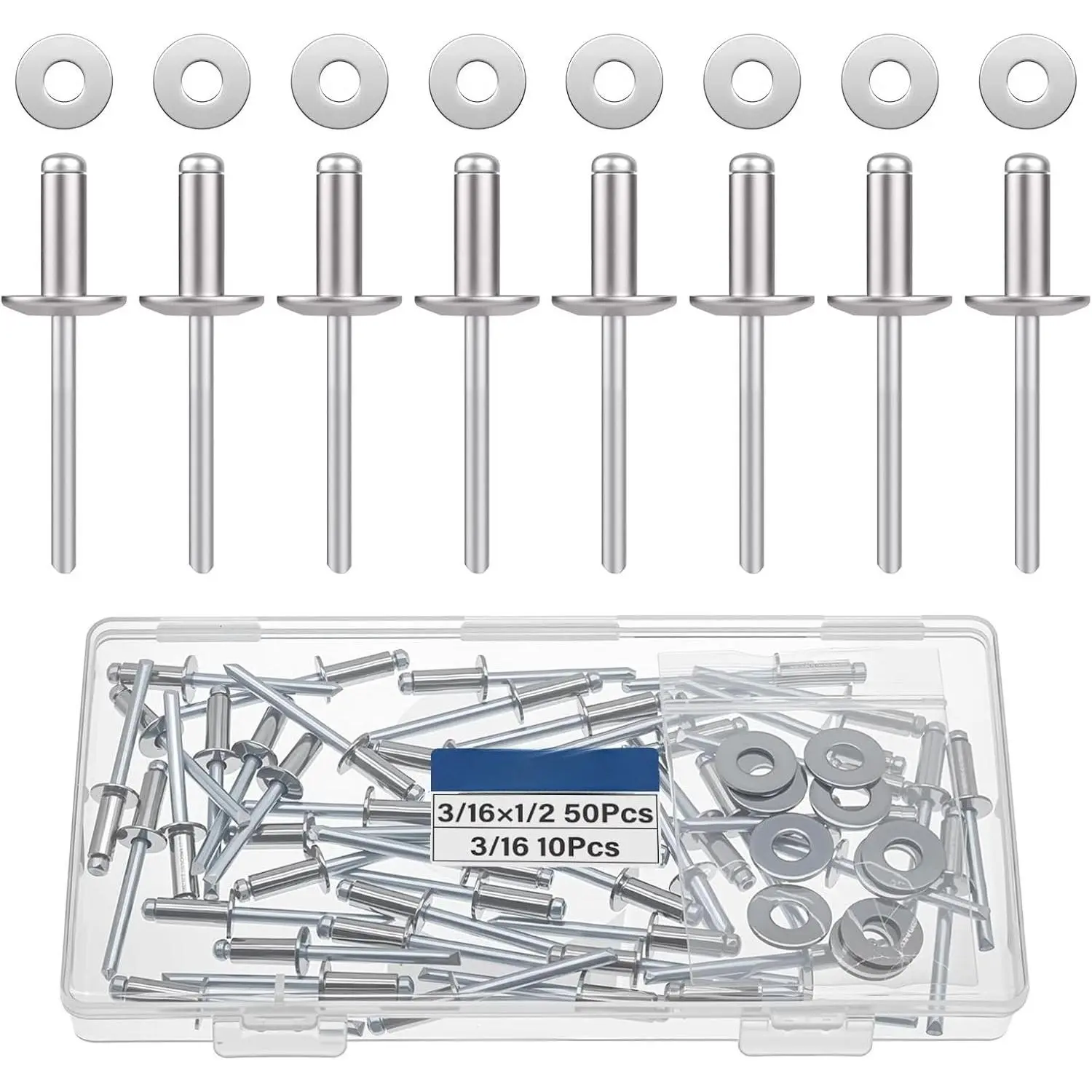 Stainless Steel Blind Rivet Kit, 60-Count 3/16"x1/2" (4.8x12.7mm) Rivets with Washers, Easy to Install, Indoor & Outdoor Use, Long Service Life, Manufacturer Warranty, Secure Fit for Reliability & Safety