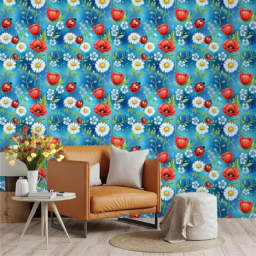 Watercolor Floral Ladybug Seamless Wallpaper, Gradient Deep Sea Blue, PVC Adhesive Back, Ideal for Kitchen/living Room/bedroom Decor