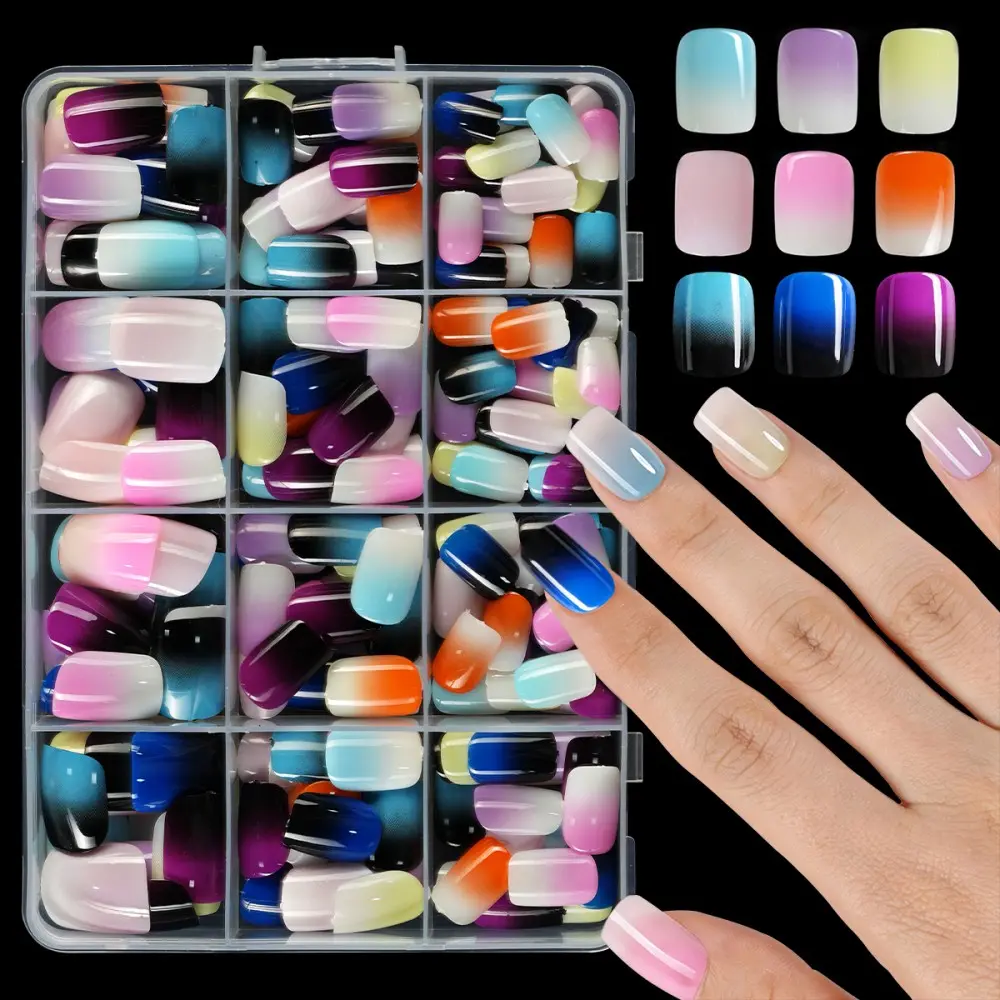 216pcs Square French Short Press-On Nails, Glossy Surface, Full Coverage Removable False Nails, Ideal for Women's Parties and Daily Wear