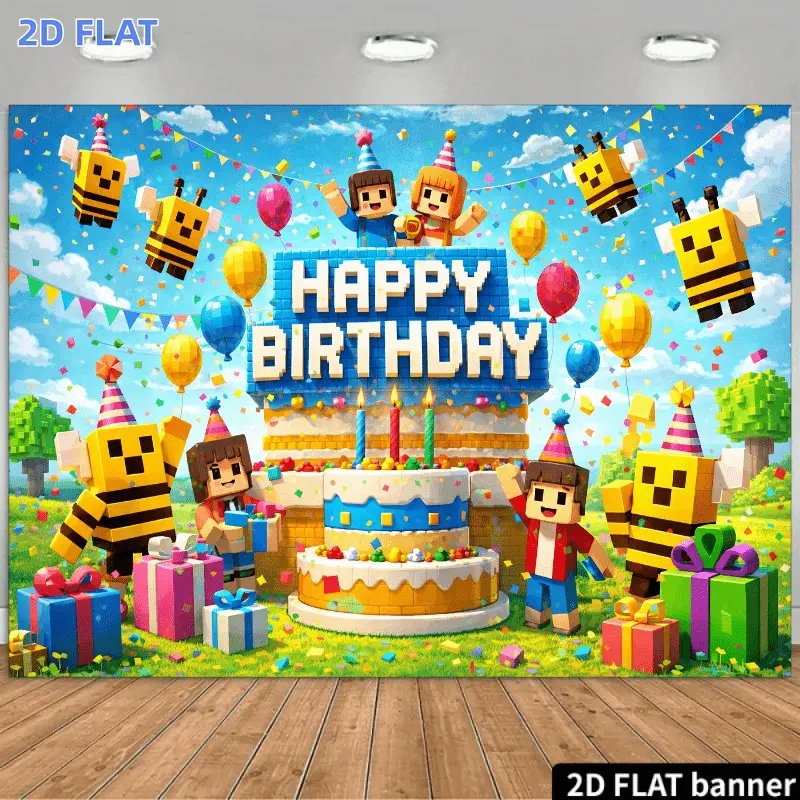 2D Flat Banner 1pc, 2D Block-based Game-themed Birthday Party Backdrop Featuring a Pixelated "HAPPY BIRTHDAY" Banner in the Center Surrounded by Pixelated Characters Bees Balloons Bunting Gift Boxes and a Campfire Creating a Joyfu