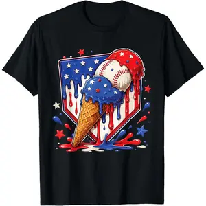Baseball Drip Ice Cream Patriot American Flag 4th of July T-Shirt
