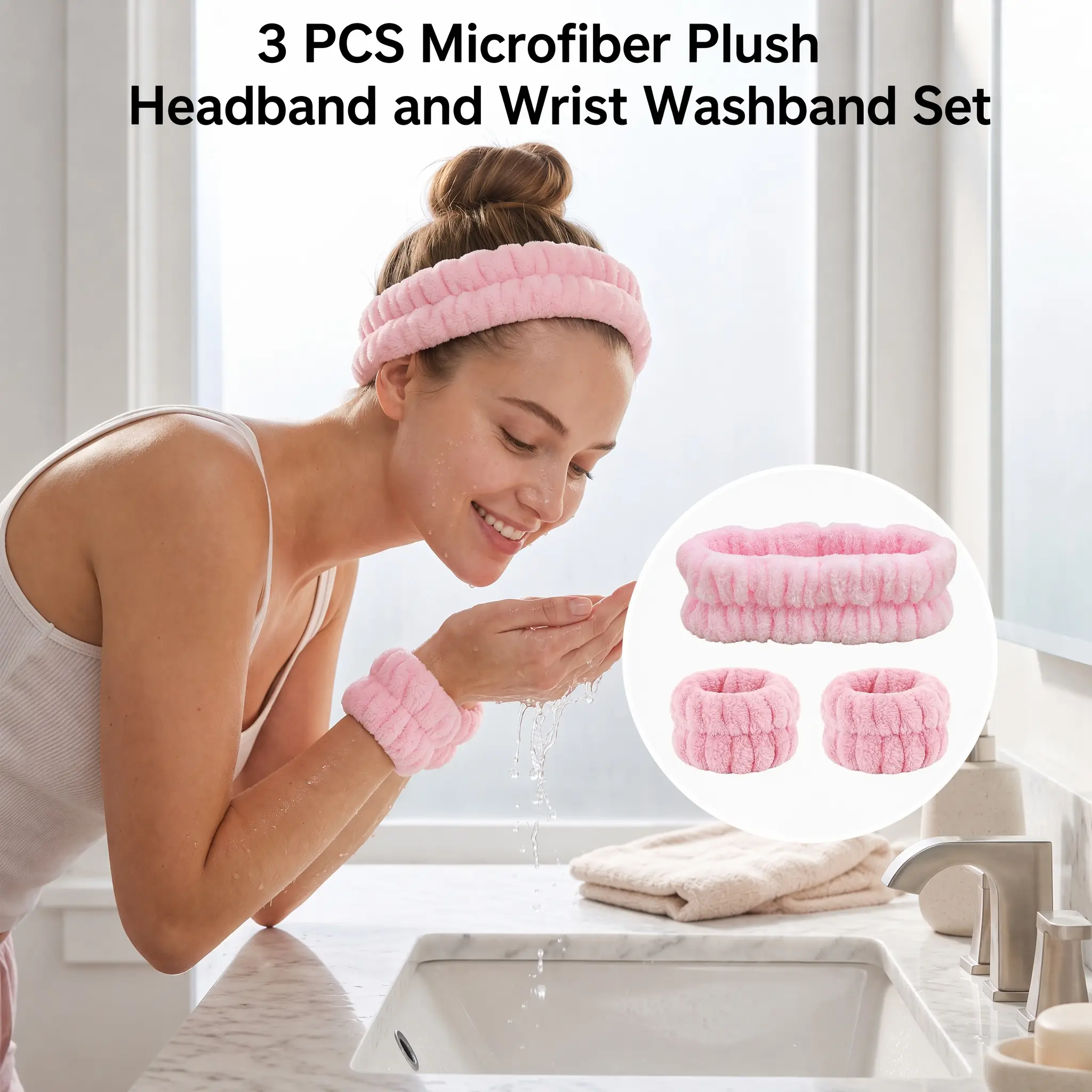 3 PCS Microfiber Plush Headband and Wrist Washband Set Absorbent Wrist Bands Women Makeup Headband Girls Washing Face Headband-YY1