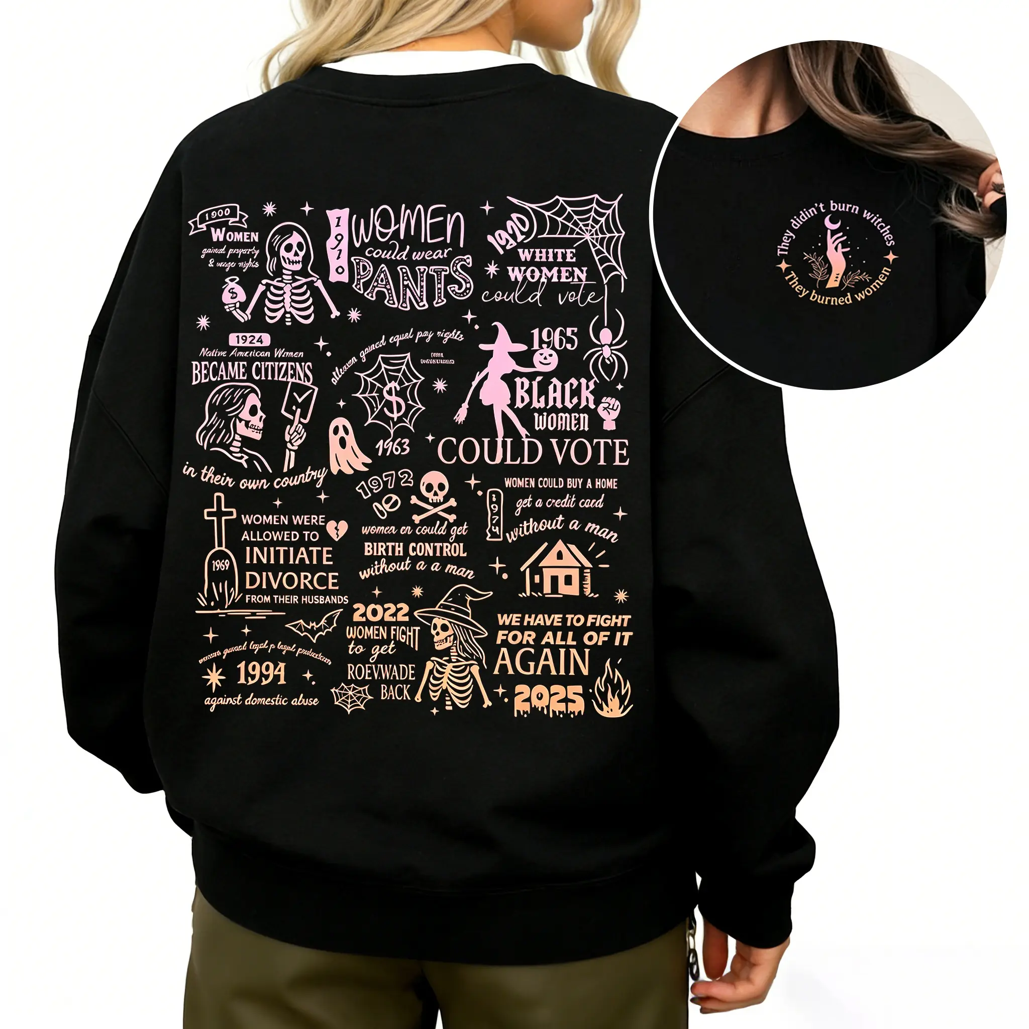 Women's Feminist Crewneck Sweatshirt - "They Didn't Burn Witches They Burned Women" Front-Back Print, Witch Skeleton Graphic, Retro Rights Oversized Pullover, Comfortable Fabric, Casual Everyday Birthday Wear