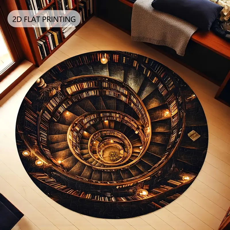 [Velvet] 2D Effect Printed Vintage Library Rug, Book-Themed Halloween Round Floor Mat, Bookworm Gift, Librarian Gift, Reading Room Indoor Rug, Suitable for Both Indoor And Outdoor Use