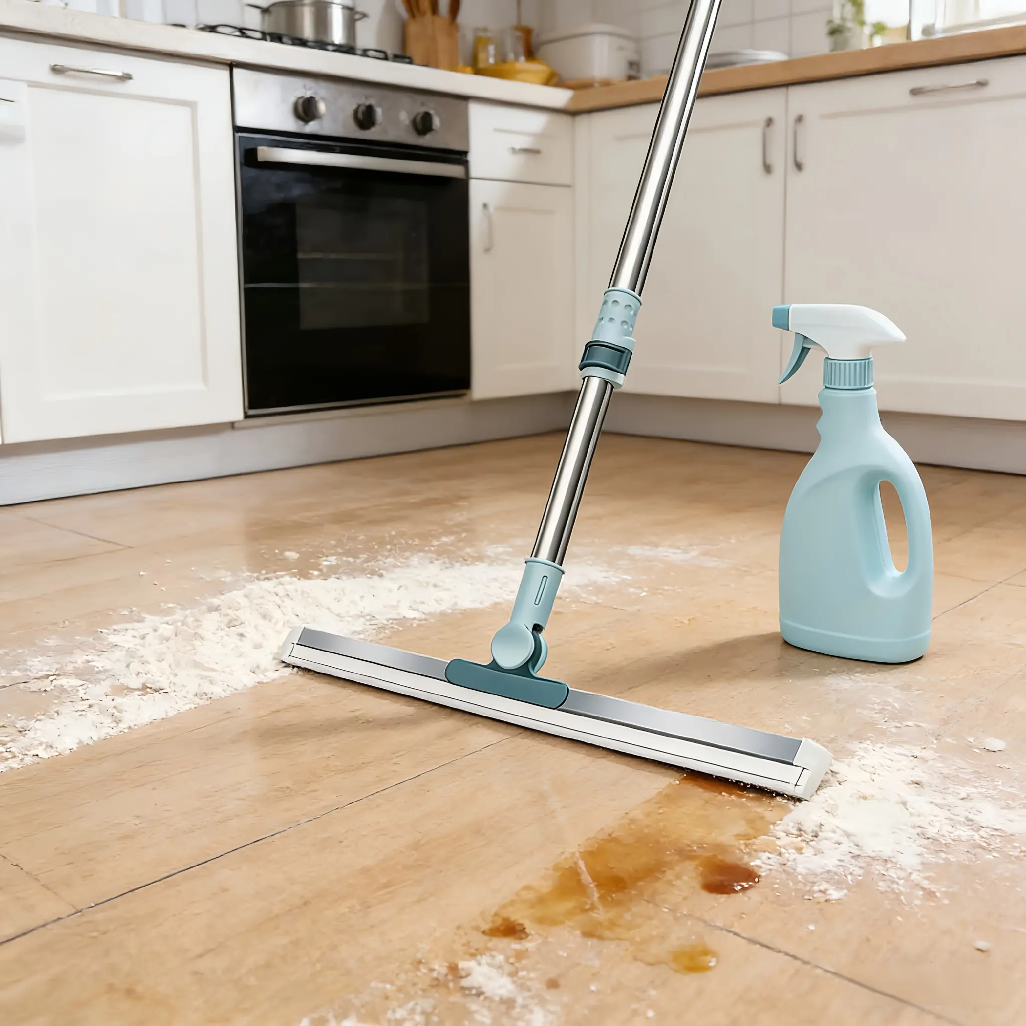 Adjustable floor squeegee mop with a stainless steel telescopic handle and wide blade, perfect for cleaning bathroom, shower, tile, glass, and kitchen floors.
