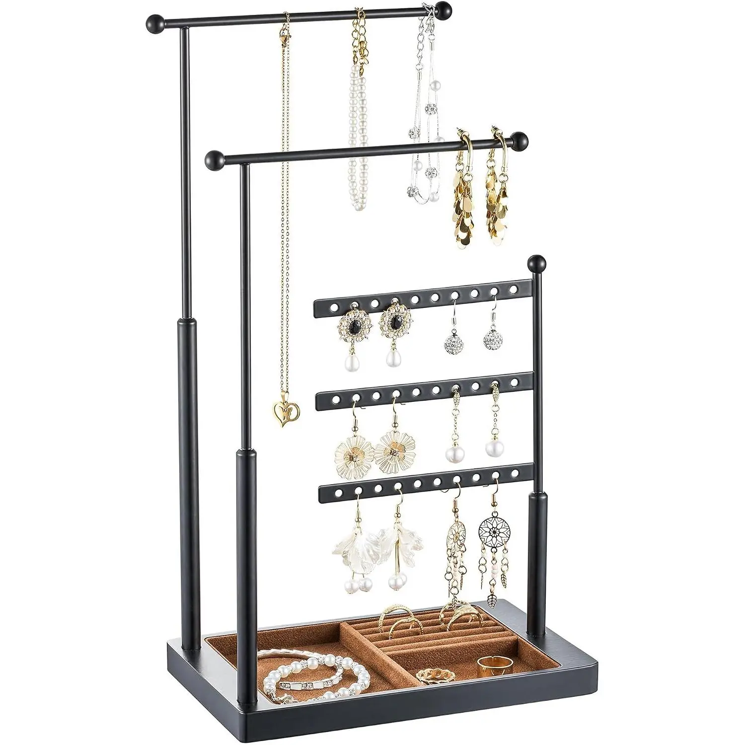 Jewelry Organizer Holder Stand: 3 Tier Jewelry Storage Display for Necklace, Bracelet, Earring, Ring, Black & Brown