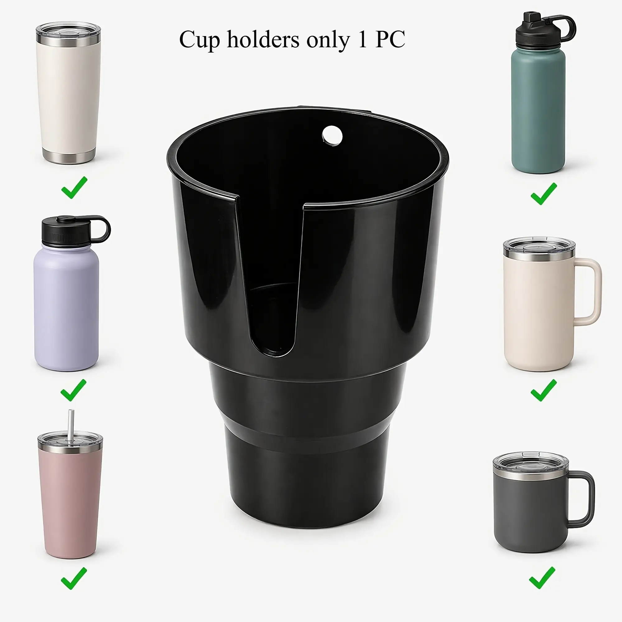 Car cup holder extender, large capacity cup holder, compatible with 32-40oz insulated cups and sports water bottles, with U-shaped handle slot to prevent shaking.