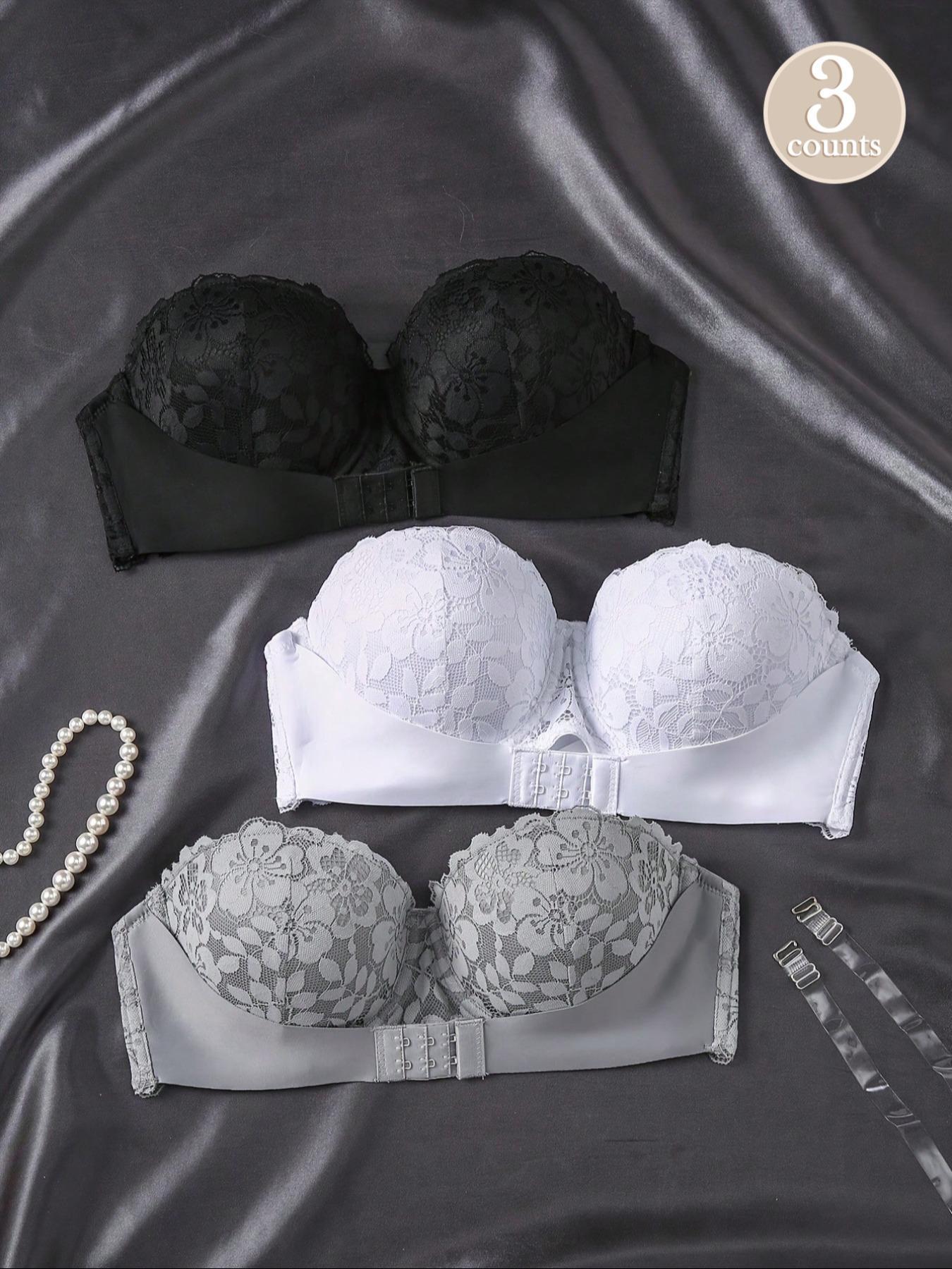 Women's Contrast Floral Lace Push-Up Strapless Bra, New Style Sexy Invisible Front-Buckle Bra, Women's Lingerie for All Seasons